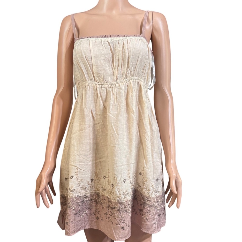 Papaya‎ Womens Large Cream Mauve Floral Embroidered Boho Babydoll Mini Dress L